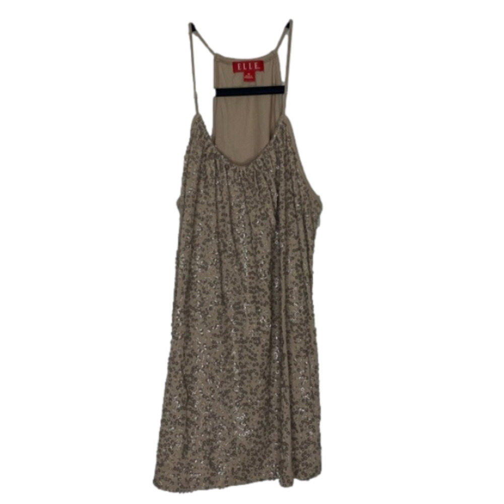 ELLE Halter Tank Top Sleeveless Blouse Sequins Tan Neutral Shirt size medium M